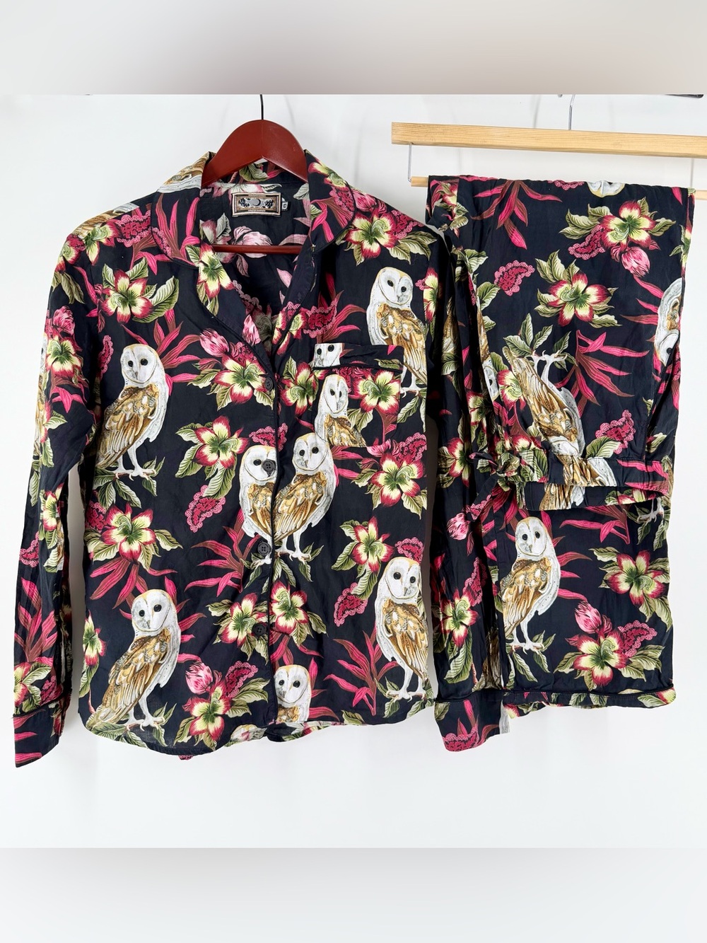 Desmond & Dempsey Owl Floral Cotton Long Pajama Set M Whimsigoth Dark Botanical